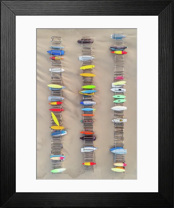 Framed Print : Aerial view of kayaks over the clear sand beach Framed Print : Aerial view of kayaks over the clear sand beach