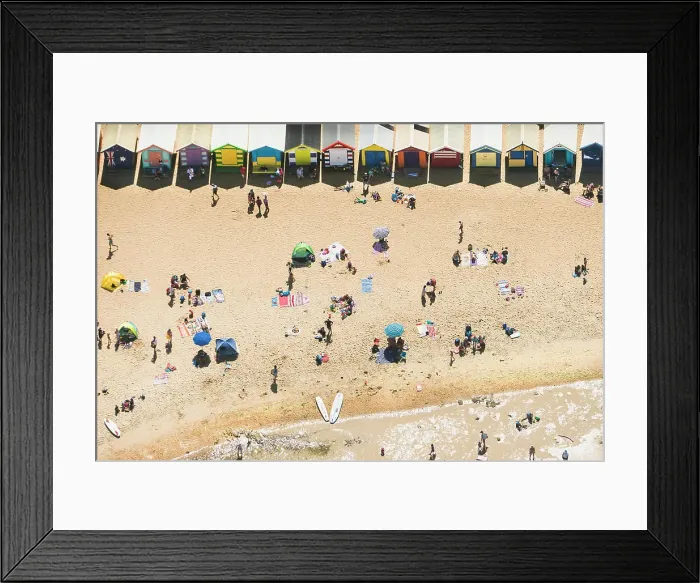 Framed Print : Aerial view of holiday makers and beach huts on Brighton beach, Melbourne, Victoria, Australia Framed Print : Aerial view of holiday makers and beach huts on Brighton beach, Melbourne, Victoria, Australia