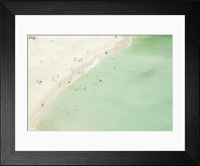 Framed Print : Aerial view of holiday makers on beach, Porthcurno, Cornwall, UK Framed Print : Aerial view of holiday makers on beach, Porthcurno, Cornwall, UK
