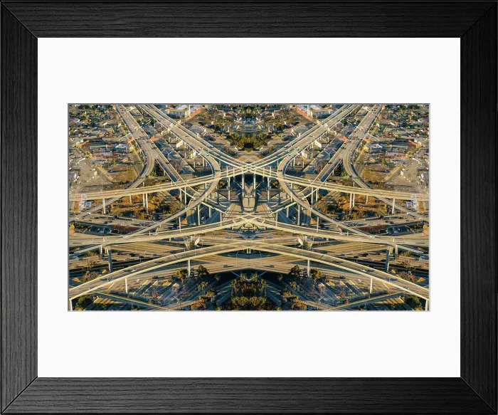 Framed Print : Abstract symmetrical aerial view of highways and flyovers, Los Angeles, California, USA Framed Print : Abstract symmetrical aerial view of highways and flyovers, Los Angeles, California, USA