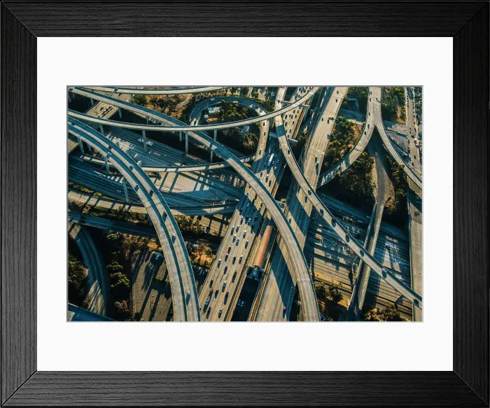 Framed Print : Aerial view of curved flyovers and highways, Los Angeles, California, USA Framed Print : Aerial view of curved flyovers and highways, Los Angeles, California, USA