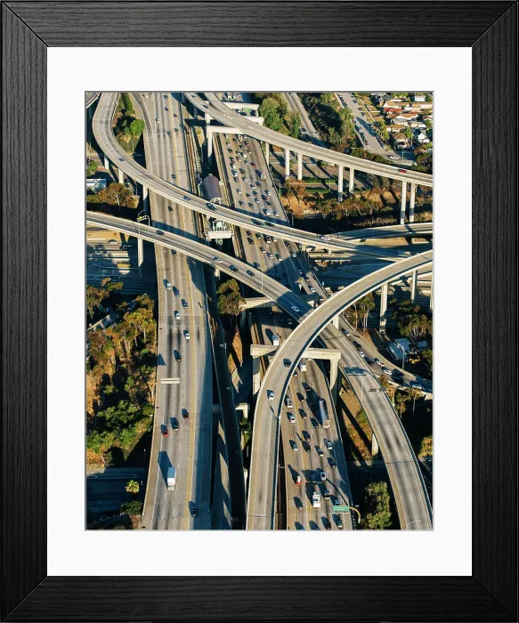 Framed Print : Aerial view of multi lane highways and curved flyovers, Los Angeles, California, USA Framed Print : Aerial view of multi lane highways and curved flyovers, Los Angeles, California, USA