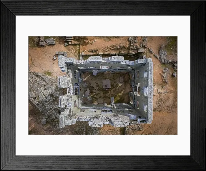 Framed Print : Centum Cellas mysterious ancient tower drone aerial to above view in Belmonte, Portugal, Europe