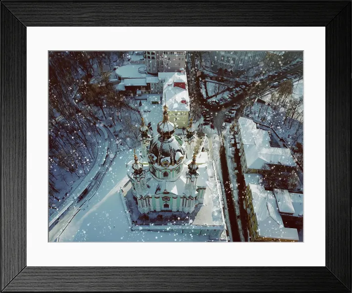 Framed Print : Aerial flyover of Saint Andrews Church