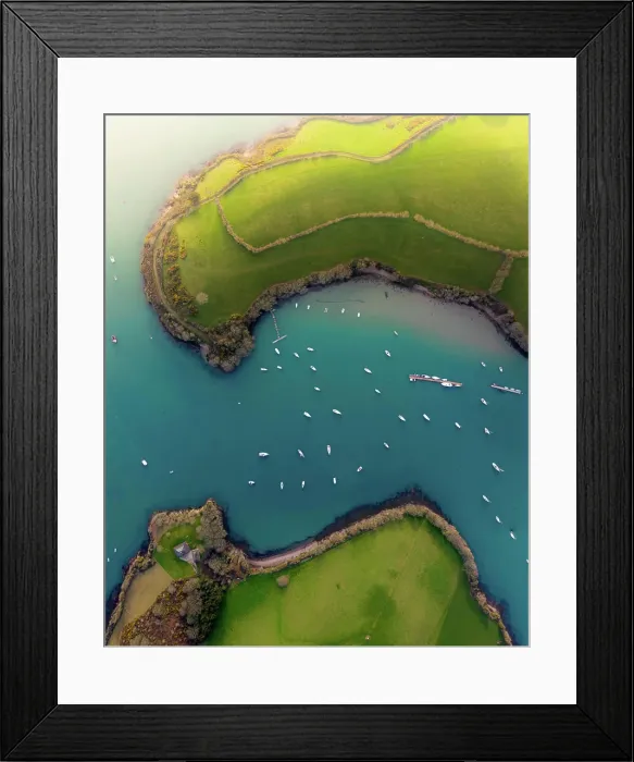 Framed Print : Aerial view of Salcombe Harbour with Snapes Point and White boats, Kingsbridge Estuary, England Framed Print : Aerial view of Salcombe Harbour with Snapes Point and White boats, Kingsbridge Estuary, England