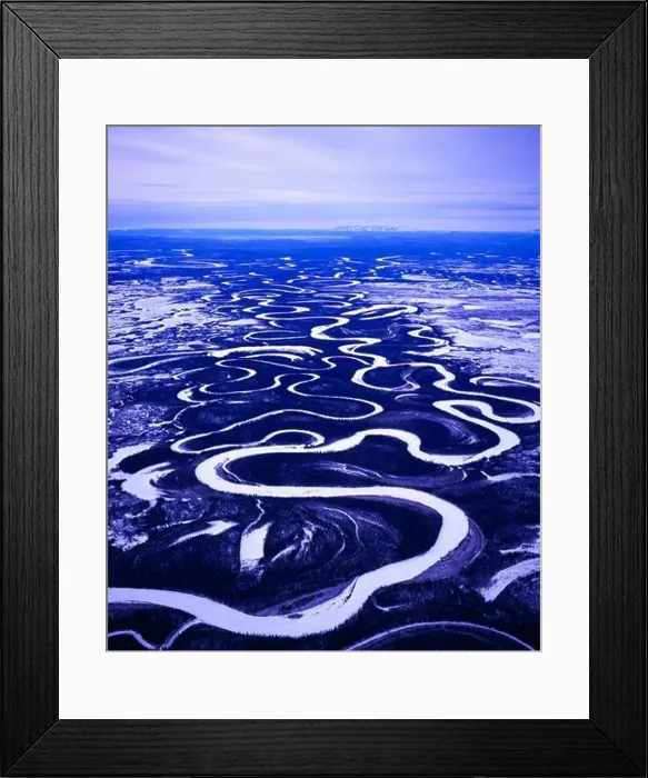 Framed Print : Aerial view in winter of the meandering Big River and associated oxbow lakes east of McGrath, Alaska Framed Print : Aerial view in winter of the meandering Big River and associated oxbow lakes east of McGrath, Alaska