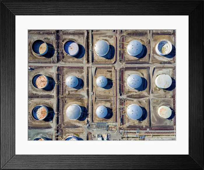 Framed Print : Aerial view of oil storage tanks in a grid pattern at Torrance Framed Print : Aerial view of oil storage tanks in a grid pattern at Torrance