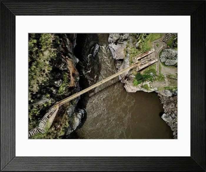 Framed Print : Peru, Quehue, aerial view of woman crossing rope bridge Framed Print : Peru, Quehue, aerial view of woman crossing rope bridge