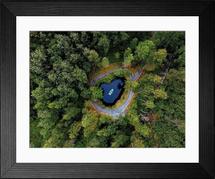 Framed Print : Aerial view of boat at underground lake in Ruskeala Mountain Park Framed Print : Aerial view of boat at underground lake in Ruskeala Mountain Park