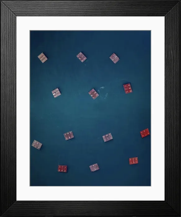 Framed Print : Fishing farm drone above top view on the atlantic ocean in Galicia, Sp Framed Print : Fishing farm drone above top view on the atlantic ocean in Galicia, Sp