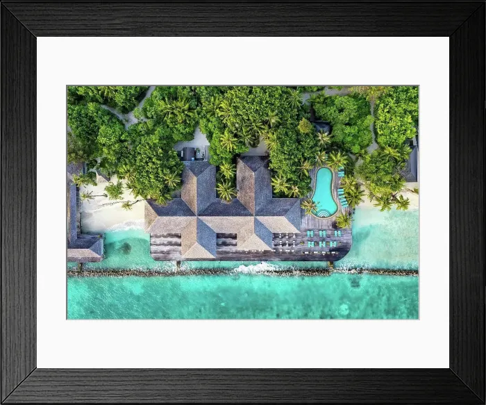 Framed Print : Maldives, Lhaviyani Atoll, Kuredu, Aerial view of coastal tourist resort with outdoor swimming pool Framed Print : Maldives, Lhaviyani Atoll, Kuredu, Aerial view of coastal tourist resort with outdoor swimming pool