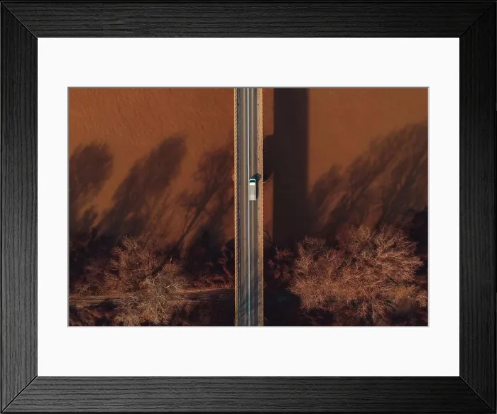 Framed Print : Vehicle crossing bridge, aerial view Framed Print : Vehicle crossing bridge, aerial view