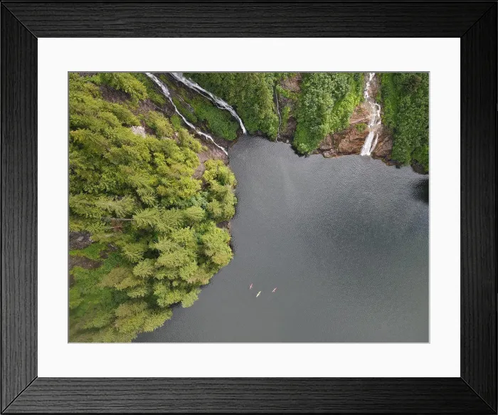 Framed Print : Top down aerial vie of three kayakers in Misty Fjords National Monument Wilderness area Ketchikan Gateway, Alaska