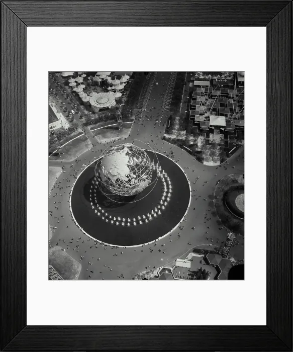 Framed Print : Vintage Photograph. Aerial view looking down on the Unisphere and surroundings at the New York World's Fair Framed Print : Vintage Photograph. Aerial view looking down on the Unisphere and surroundings at the New York World's Fair