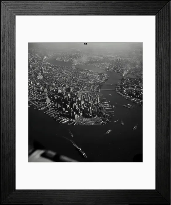 Framed Print : Vintage Photograph. Aerial view of Lower Manhattan skyscrapers and ships in the East River, looking North, New York City Framed Print : Vintage Photograph. Aerial view of Lower Manhattan skyscrapers and ships in the East River, looking North, New York City