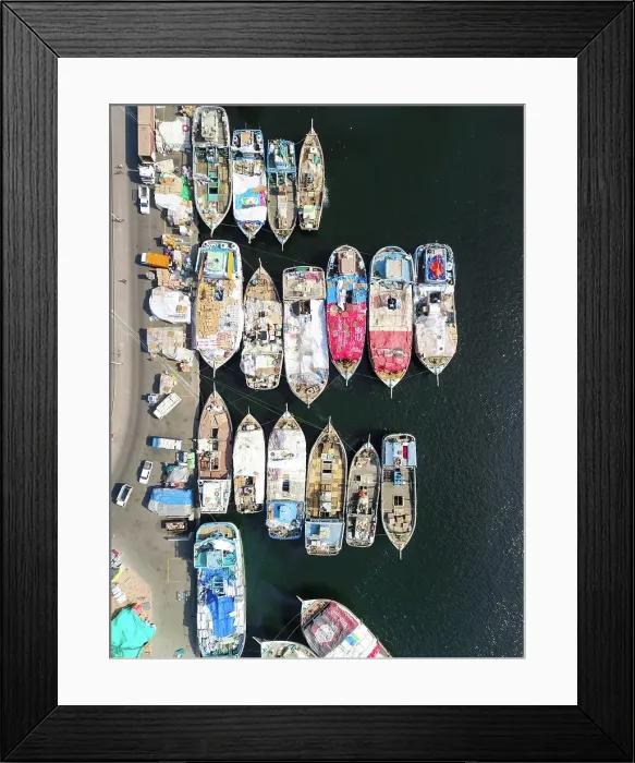 Framed Print : Aerial view of The Dubai Dhow Wharfage harbour in United Arab Emirates