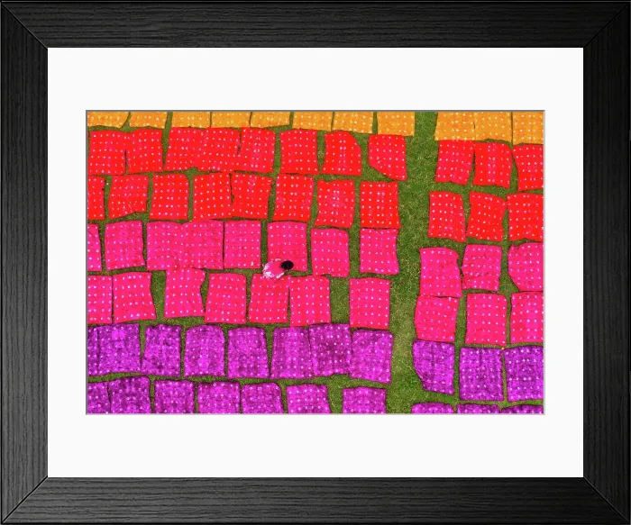 Framed Print : Aerial view of a woman working placing colourful towels in a field near Araihazar, Dhaka district, Bangladesh Framed Print : Aerial view of a woman working placing colourful towels in a field near Araihazar, Dhaka district, Bangladesh