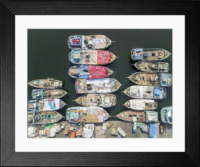 Framed Print : Aerial view of The Dubai Dhow Wharfage harbour in United Arab Emirates