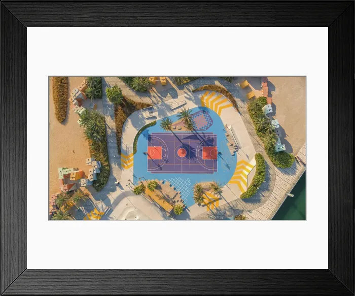 Framed Print : Aerial view of a Basketball playground at the Skate Park the Block along Dubai Creek, Dubai, United Arab Emirates Framed Print : Aerial view of a Basketball playground at the Skate Park the Block along Dubai Creek, Dubai, United Arab Emirates