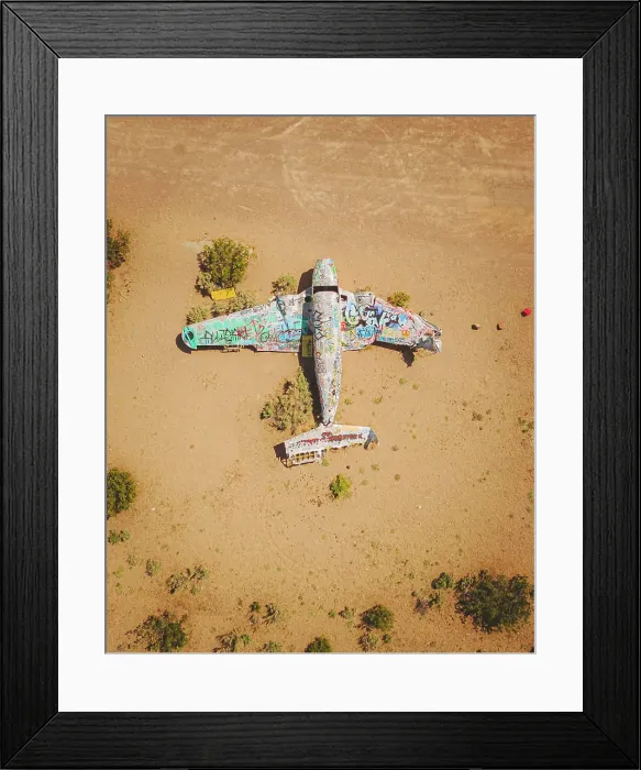 Framed Print : Nevada, USA - 02 May 2023: Aerial view of an abandoned airplane near Beatty, Nevada, United States