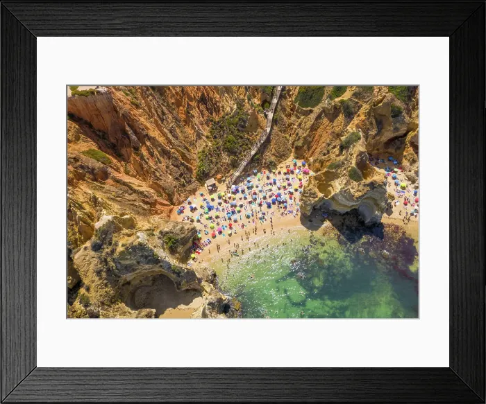 Framed Print : Aerial view of Praia do Camilo, hidden beach accessible by steep steps, Portugal Framed Print : Aerial view of Praia do Camilo, hidden beach accessible by steep steps, Portugal