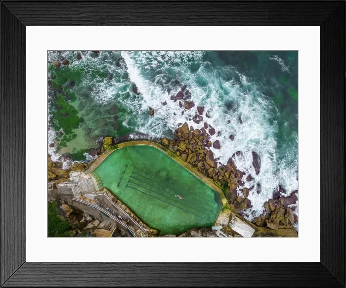 Framed Print : Aerial view of Bronte Baths, an oceanside saltwater pool, Sydney, New South Wales, Australia Framed Print : Aerial view of Bronte Baths, an oceanside saltwater pool, Sydney, New South Wales, Australia