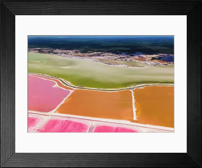 Framed Print : Aerial view of pink salt lakes along the coast at Ria Largatos Natural Park, Río Lagartos, Yucatan, Mexico Framed Print : Aerial view of pink salt lakes along the coast at Ria Largatos Natural Park, Río Lagartos, Yucatan, Mexico