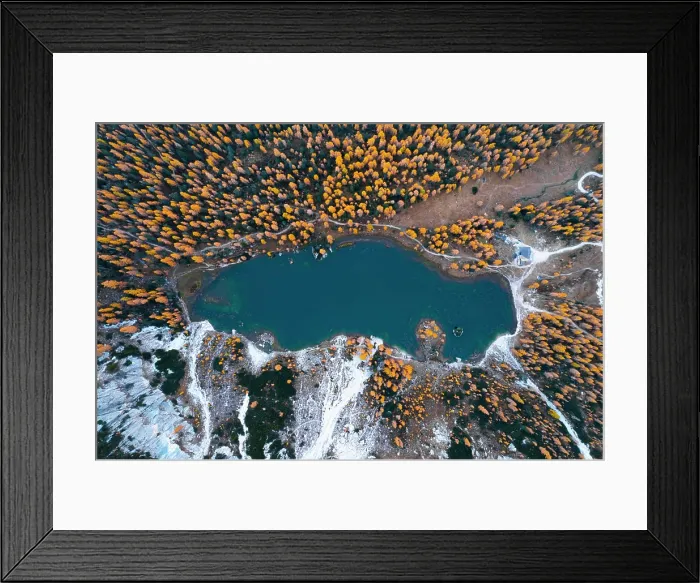 Framed Print : Aerial View of Alpine lake and autumn trees in Lake Federa, Dolomites, Italy Framed Print : Aerial View of Alpine lake and autumn trees in Lake Federa, Dolomites, Italy