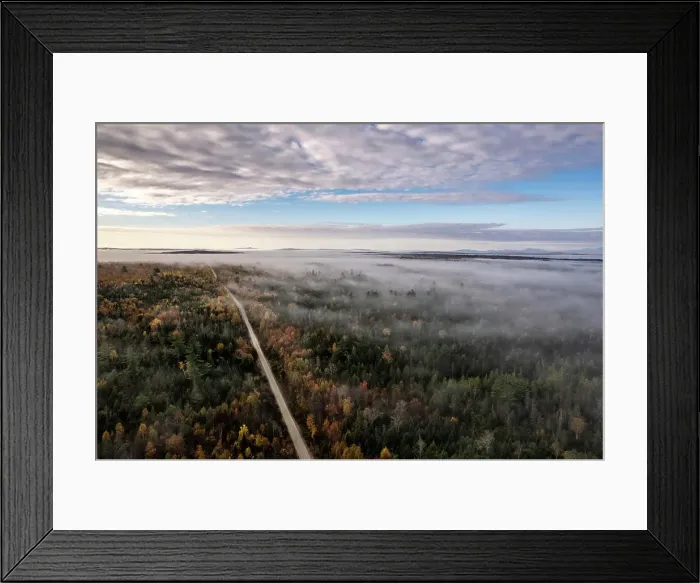 Framed Print : aerial view of misty woods and dirt road in the autumn, Maine Framed Print : aerial view of misty woods and dirt road in the autumn, Maine