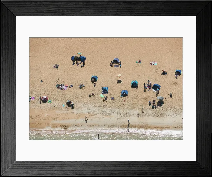 Framed Print : Aerial view of holiday makers on Brighton beach, Melbourne, Victoria, Australia Framed Print : Aerial view of holiday makers on Brighton beach, Melbourne, Victoria, Australia