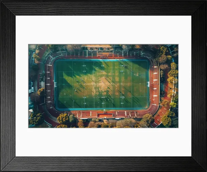 Framed Print : This aerial view shows a soccer field with empty stands