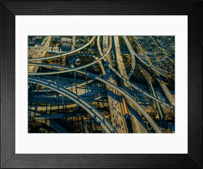 Framed Print : Aerial view of curved flyovers and multi lane highways, Los Angeles, California, USA