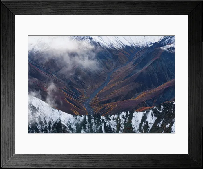 Framed Print : River flowing through fall colored mountains, Kluane National Park, Haines Junction, Yukon, Canada