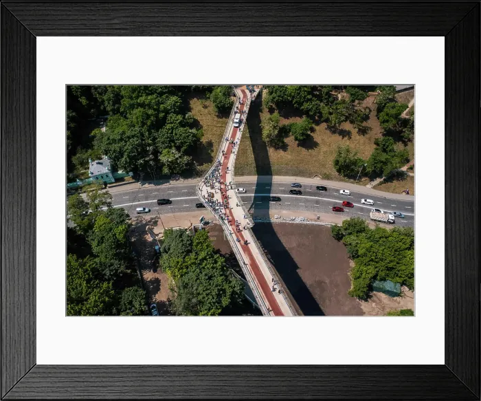 Framed Print : Aerial drone view of new pedestrian bridge from above Aerial drone view of new pedestrian bridge Framed Print : Aerial drone view of new pedestrian bridge from above Aerial drone view of new pedestrian bridge