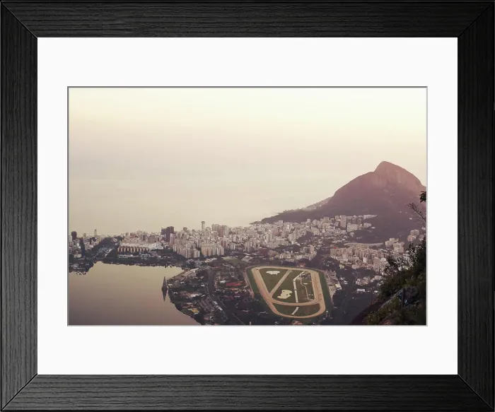 Framed Print : Mountain, city and landscape at sunset with ocean or stadium from drone in urban Cape Town