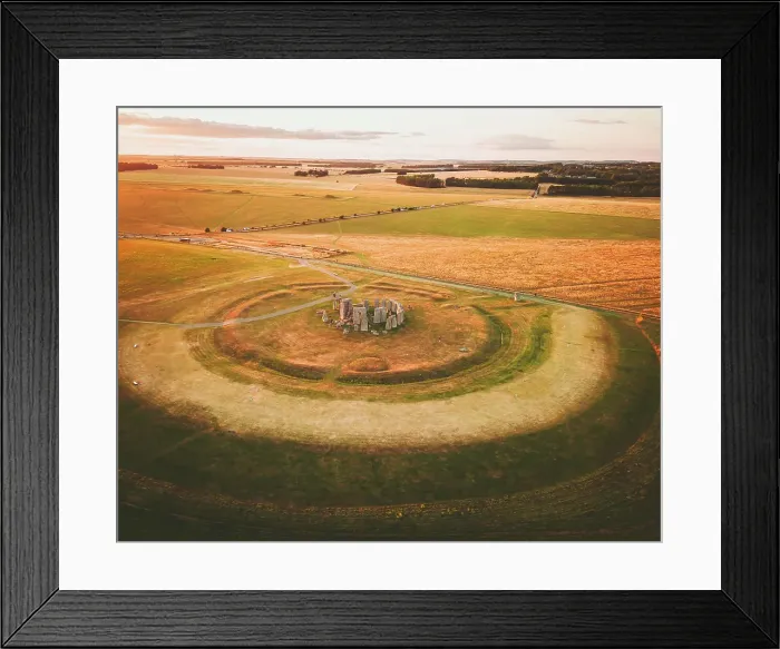 Framed Print : Aerial view of the famous Stonehenge rock sculpture at sunset, England, United Kingdom