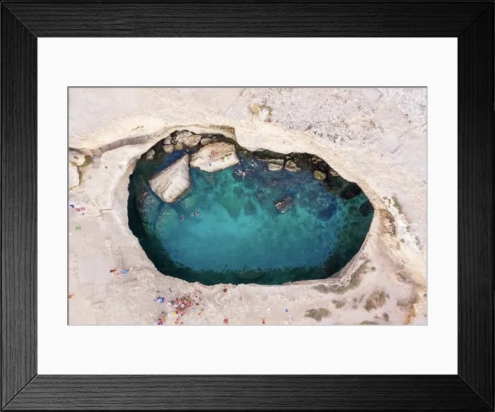 Framed Print : Aerial view of a water crater in Madonna di Rocca Vecchia, Province of Lecce, Italy Framed Print : Aerial view of a water crater in Madonna di Rocca Vecchia, Province of Lecce, Italy