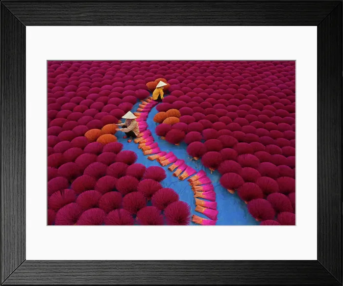 Framed Print : Aerial view of incense workers sits surrounded by thousands of incense sticks Framed Print : Aerial view of incense workers sits surrounded by thousands of incense sticks
