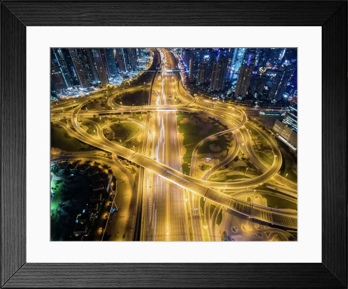 Framed Print : Aerial view of the traffic at night in Dubai, U.A.E Framed Print : Aerial view of the traffic at night in Dubai, U.A.E