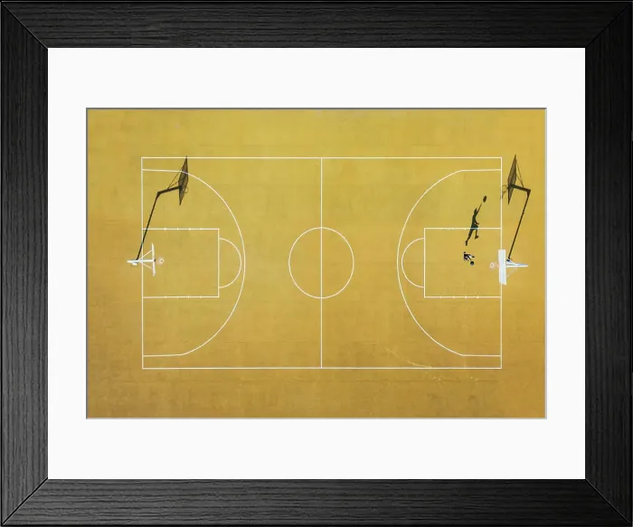 Framed Print : Young man playing basketball on outdoor court. Top view, bird eye view of yellow basketball court Framed Print : Young man playing basketball on outdoor court. Top view, bird eye view of yellow basketball court