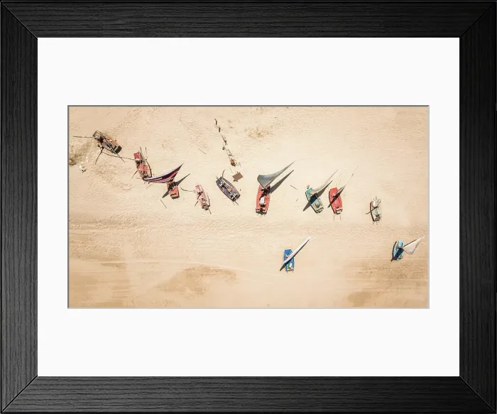 Framed Print : Aerial view of traditional fishing boats on the beach in Brazil