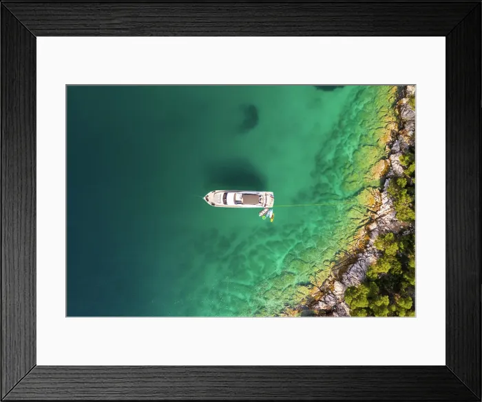 Framed Print : Aerial view of a yacht in Saronic Gulf, Limenaria, Greece Framed Print : Aerial view of a yacht in Saronic Gulf, Limenaria, Greece
