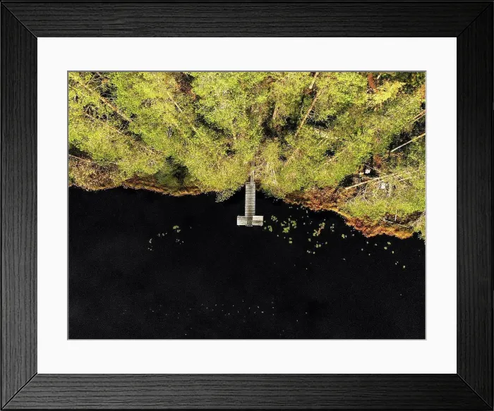 Framed Print : Aerial view of pier over lake in forest during sunny day Framed Print : Aerial view of pier over lake in forest during sunny day