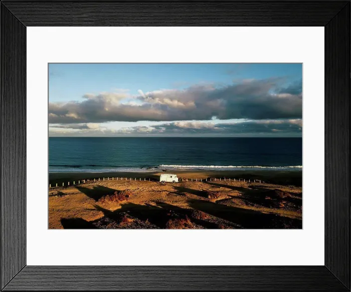 Framed Print : Aerial view of camping van on viewing point in Fuerteventura Framed Print : Aerial view of camping van on viewing point in Fuerteventura