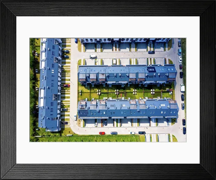 Framed Print : Aerial view of residential houses neighborhood and apartment bui Framed Print : Aerial view of residential houses neighborhood and apartment bui