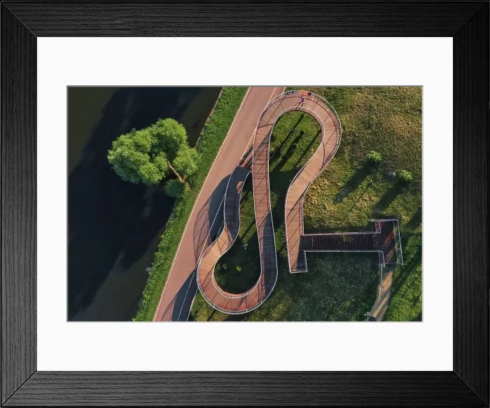 Framed Print : Russia, Aerial view of winding boardwalk Framed Print : Russia, Aerial view of winding boardwalk