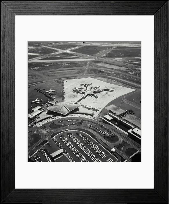 Framed Print : Vintage Photograph. Aerial view of parking lot and airplanes at terminal at New York International Airport