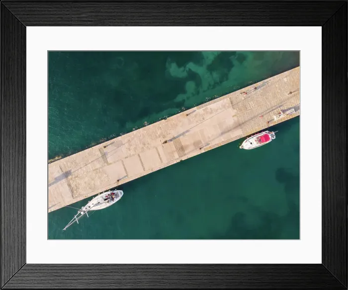 Framed Print : Aerial view of boat at small marina in Izola, Slovenia Framed Print : Aerial view of boat at small marina in Izola, Slovenia