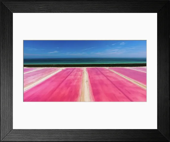 Framed Print : Aerial view of pink salt lakes along the coast at Ria Largatos Natural Park, Río Lagartos, Yucatan, Mexico Framed Print : Aerial view of pink salt lakes along the coast at Ria Largatos Natural Park, Río Lagartos, Yucatan, Mexico