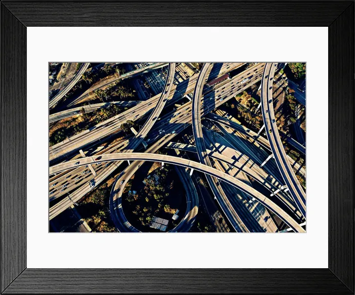 Framed Print : Aerial view of sunlit curved flyovers and highways, Los Angeles, California, USA